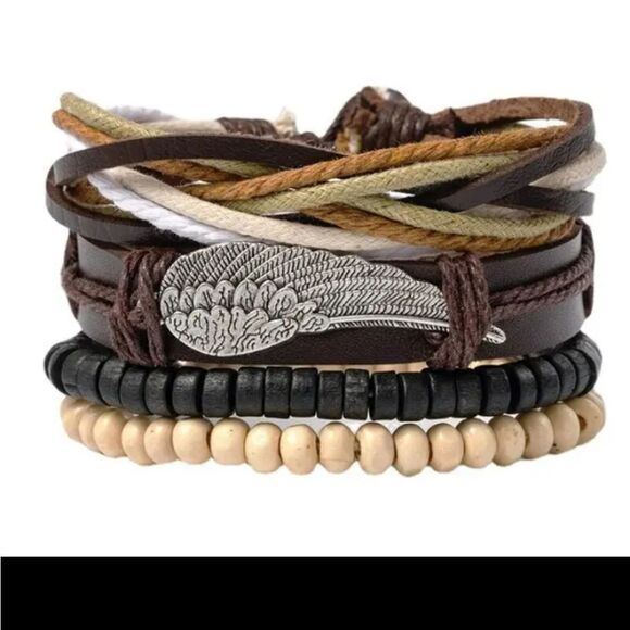 4 men's bracelets leather layered wings braided new e46 - Picture 1 of 1